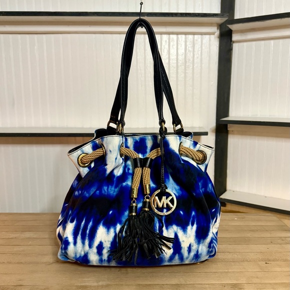 Michael Kors Blue Tie Dye Canvas Shoulder Bag Purse - Picture 1 of 14